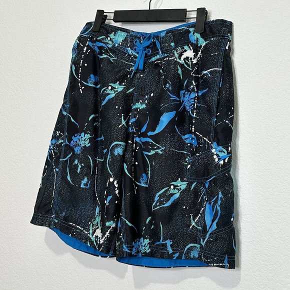 Speedo Men's Swim Trunks Tie Elastic Back Waist Size S Black Blue Beach - Picture 2 of 8